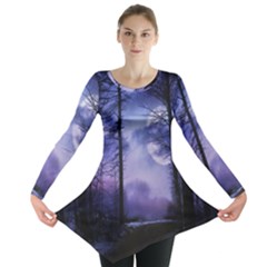 Moonlit A Forest At Night With A Full Moon Long Sleeve Tunic  by Simbadda