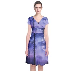 Moonlit A Forest At Night With A Full Moon Short Sleeve Front Wrap Dress by Simbadda