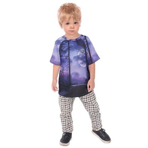 Moonlit A Forest At Night With A Full Moon Kids  Raglan Tee by Simbadda