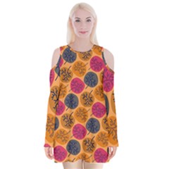 Colorful Trees Background Pattern Velvet Long Sleeve Shoulder Cutout Dress by Simbadda