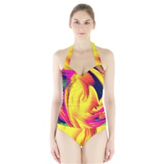 Stormy Yellow Wave Abstract Paintwork Halter Swimsuit by Simbadda