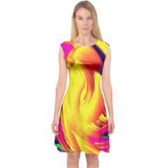 Stormy Yellow Wave Abstract Paintwork Capsleeve Midi Dress by Simbadda