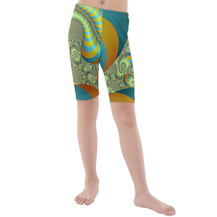 Gold Blue Fractal Worms Background Kids  Mid Length Swim Shorts