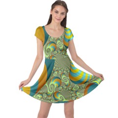 Gold Blue Fractal Worms Background Cap Sleeve Dresses by Simbadda