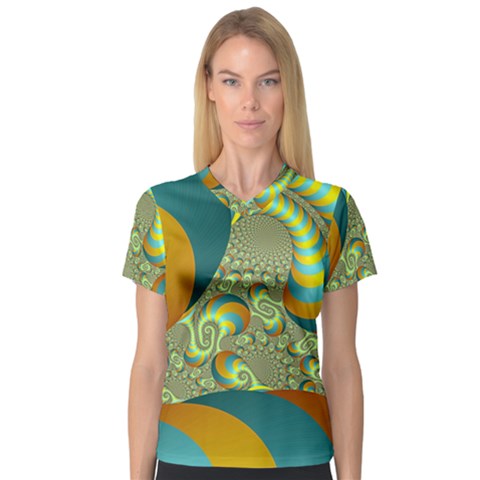 Gold Blue Fractal Worms Background Women s V-neck Sport Mesh Tee by Simbadda