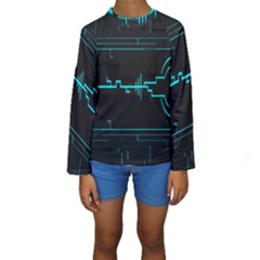 Blue Aqua Digital Art Circuitry Gray Black Artwork Abstract Geometry Kids  Long Sleeve Swimwear by Simbadda