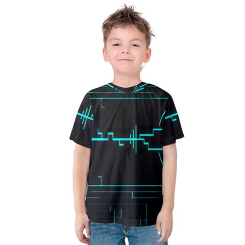 Blue Aqua Digital Art Circuitry Gray Black Artwork Abstract Geometry Kids  Cotton Tee by Simbadda