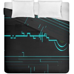 Blue Aqua Digital Art Circuitry Gray Black Artwork Abstract Geometry Duvet Cover Double Side (king Size) by Simbadda