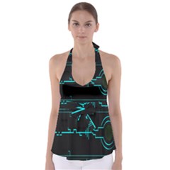 Blue Aqua Digital Art Circuitry Gray Black Artwork Abstract Geometry Babydoll Tankini Top by Simbadda