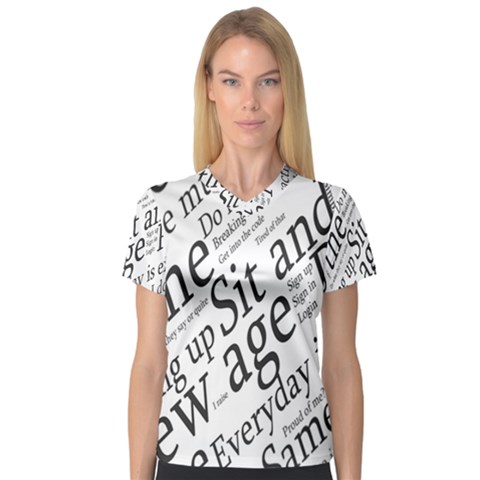 Abstract Minimalistic Text Typography Grayscale Focused Into Newspaper Women s V-neck Sport Mesh Tee by Simbadda