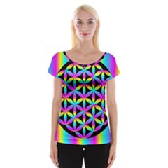 Flower Of Life Gradient Fill Black Circle Plain Women s Cap Sleeve Top by Simbadda