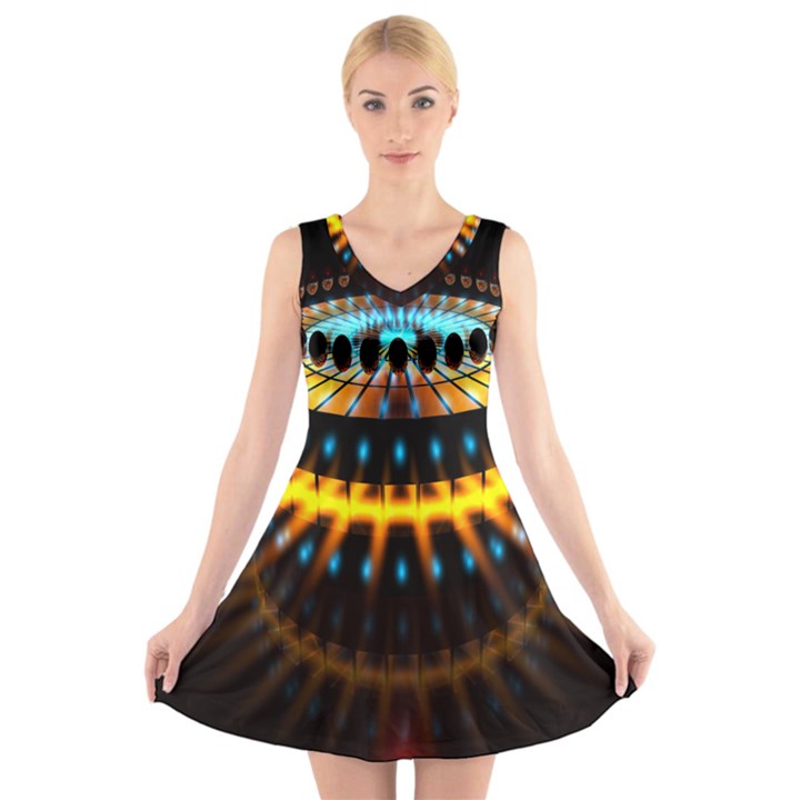 Abstract Led Lights V-Neck Sleeveless Skater Dress