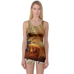 Digital Art Nature Spider Witch Spiderwebs Bricks Window Trees Fire Boiler Cliff Rock One Piece Boyleg Swimsuit by Simbadda