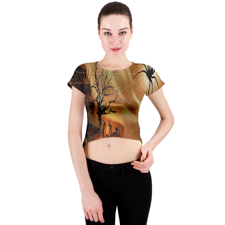 Digital Art Nature Spider Witch Spiderwebs Bricks Window Trees Fire Boiler Cliff Rock Crew Neck Crop Top