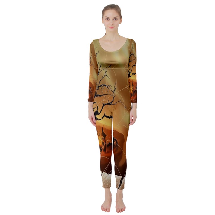 Digital Art Nature Spider Witch Spiderwebs Bricks Window Trees Fire Boiler Cliff Rock Long Sleeve Catsuit