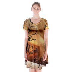 Digital Art Nature Spider Witch Spiderwebs Bricks Window Trees Fire Boiler Cliff Rock Short Sleeve V-neck Flare Dress by Simbadda