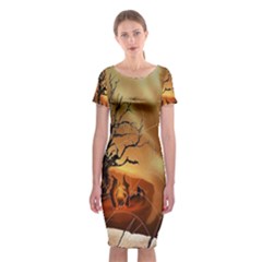 Digital Art Nature Spider Witch Spiderwebs Bricks Window Trees Fire Boiler Cliff Rock Classic Short Sleeve Midi Dress by Simbadda