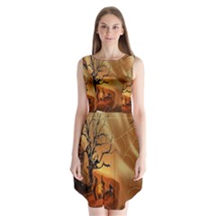 Digital Art Nature Spider Witch Spiderwebs Bricks Window Trees Fire Boiler Cliff Rock Sleeveless Chiffon Dress   by Simbadda