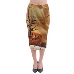 Digital Art Nature Spider Witch Spiderwebs Bricks Window Trees Fire Boiler Cliff Rock Midi Pencil Skirt by Simbadda