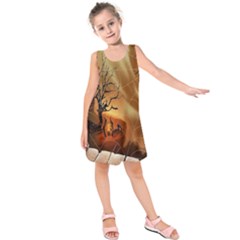 Digital Art Nature Spider Witch Spiderwebs Bricks Window Trees Fire Boiler Cliff Rock Kids  Sleeveless Dress by Simbadda