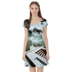 Digital Art Paint In Water Short Sleeve Skater Dress by Simbadda