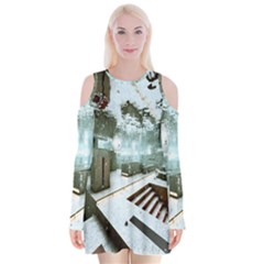 Digital Art Paint In Water Velvet Long Sleeve Shoulder Cutout Dress by Simbadda