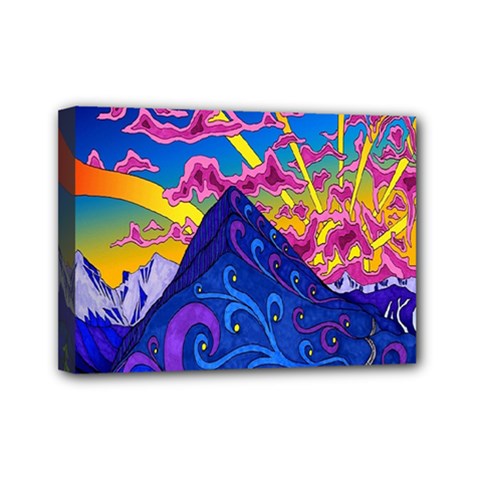 Psychedelic Colorful Lines Nature Mountain Trees Snowy Peak Moon Sun Rays Hill Road Artwork Stars Mini Canvas 7  X 5  by Simbadda