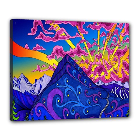 Psychedelic Colorful Lines Nature Mountain Trees Snowy Peak Moon Sun Rays Hill Road Artwork Stars Canvas 20  X 16  by Simbadda