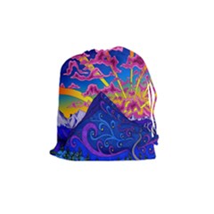 Psychedelic Colorful Lines Nature Mountain Trees Snowy Peak Moon Sun Rays Hill Road Artwork Stars Drawstring Pouches (medium)  by Simbadda