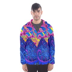 Psychedelic Colorful Lines Nature Mountain Trees Snowy Peak Moon Sun Rays Hill Road Artwork Stars Hooded Wind Breaker (men) by Simbadda