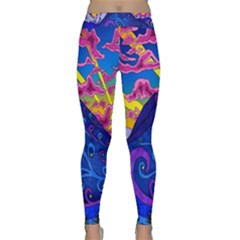 Psychedelic Colorful Lines Nature Mountain Trees Snowy Peak Moon Sun Rays Hill Road Artwork Stars Classic Yoga Leggings by Simbadda