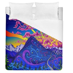 Psychedelic Colorful Lines Nature Mountain Trees Snowy Peak Moon Sun Rays Hill Road Artwork Stars Duvet Cover (queen Size) by Simbadda