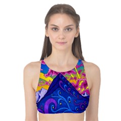 Psychedelic Colorful Lines Nature Mountain Trees Snowy Peak Moon Sun Rays Hill Road Artwork Stars Tank Bikini Top by Simbadda