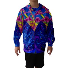 Psychedelic Colorful Lines Nature Mountain Trees Snowy Peak Moon Sun Rays Hill Road Artwork Stars Hooded Wind Breaker (kids) by Simbadda