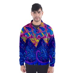 Psychedelic Colorful Lines Nature Mountain Trees Snowy Peak Moon Sun Rays Hill Road Artwork Stars Wind Breaker (men)