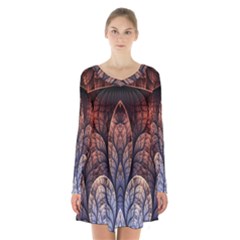 Abstract Fractal Long Sleeve Velvet V-neck Dress