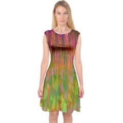 Abstract Trippy Bright Melting Capsleeve Midi Dress