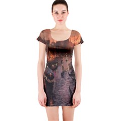 River Venice Gondolas Italy Artwork Painting Short Sleeve Bodycon Dress by Simbadda