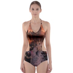 River Venice Gondolas Italy Artwork Painting Cut-out One Piece Swimsuit by Simbadda