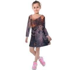 River Venice Gondolas Italy Artwork Painting Kids  Long Sleeve Velvet Dress by Simbadda