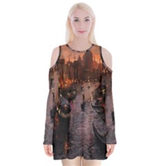 River Venice Gondolas Italy Artwork Painting Velvet Long Sleeve Shoulder Cutout Dress