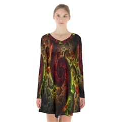 Fractal Digital Art Long Sleeve Velvet V-neck Dress by Simbadda