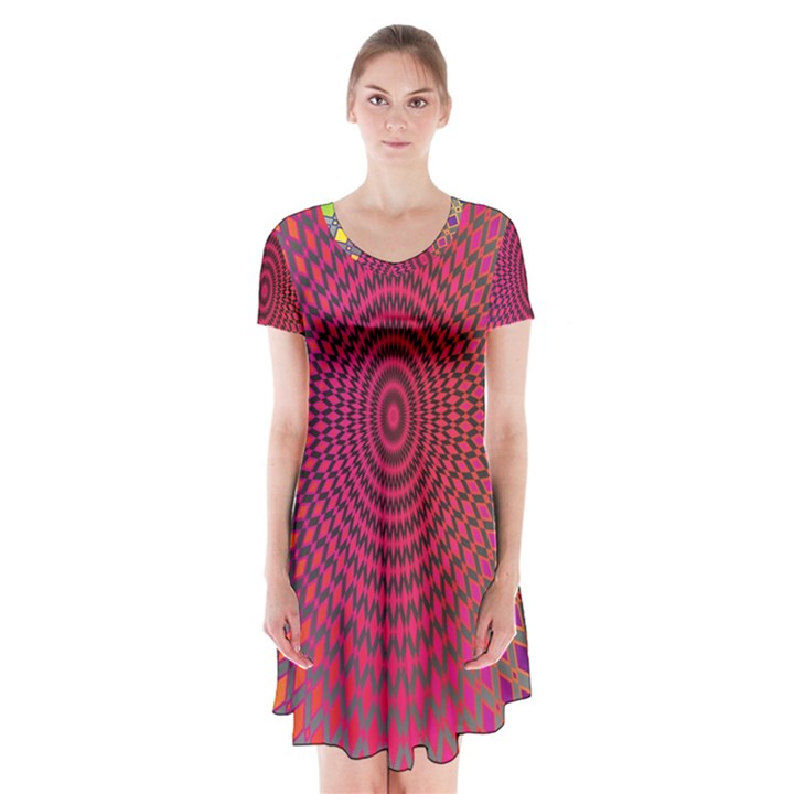 Abstract Circle Colorful Short Sleeve V-neck Flare Dress