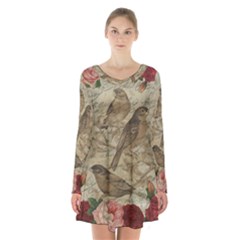 Vintage Birds Long Sleeve Velvet V-neck Dress