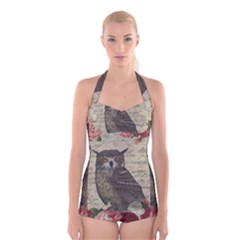 Vintage Owl Boyleg Halter Swimsuit 