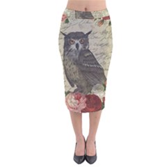 Vintage Owl Velvet Midi Pencil Skirt