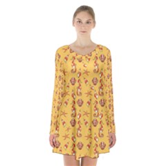 Seahorse Pattern Long Sleeve Velvet V-neck Dress