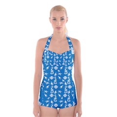 Seahorse Pattern Boyleg Halter Swimsuit 