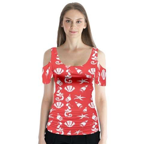 Seahorse Pattern Butterfly Sleeve Cutout Tee  by Valentinaart