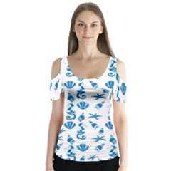 Seahorse Pattern Butterfly Sleeve Cutout Tee 